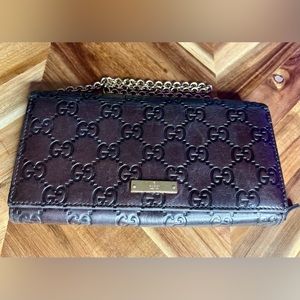 Guccissima Margaux Calfskin Metal Bar Chain Wallet Chocolate